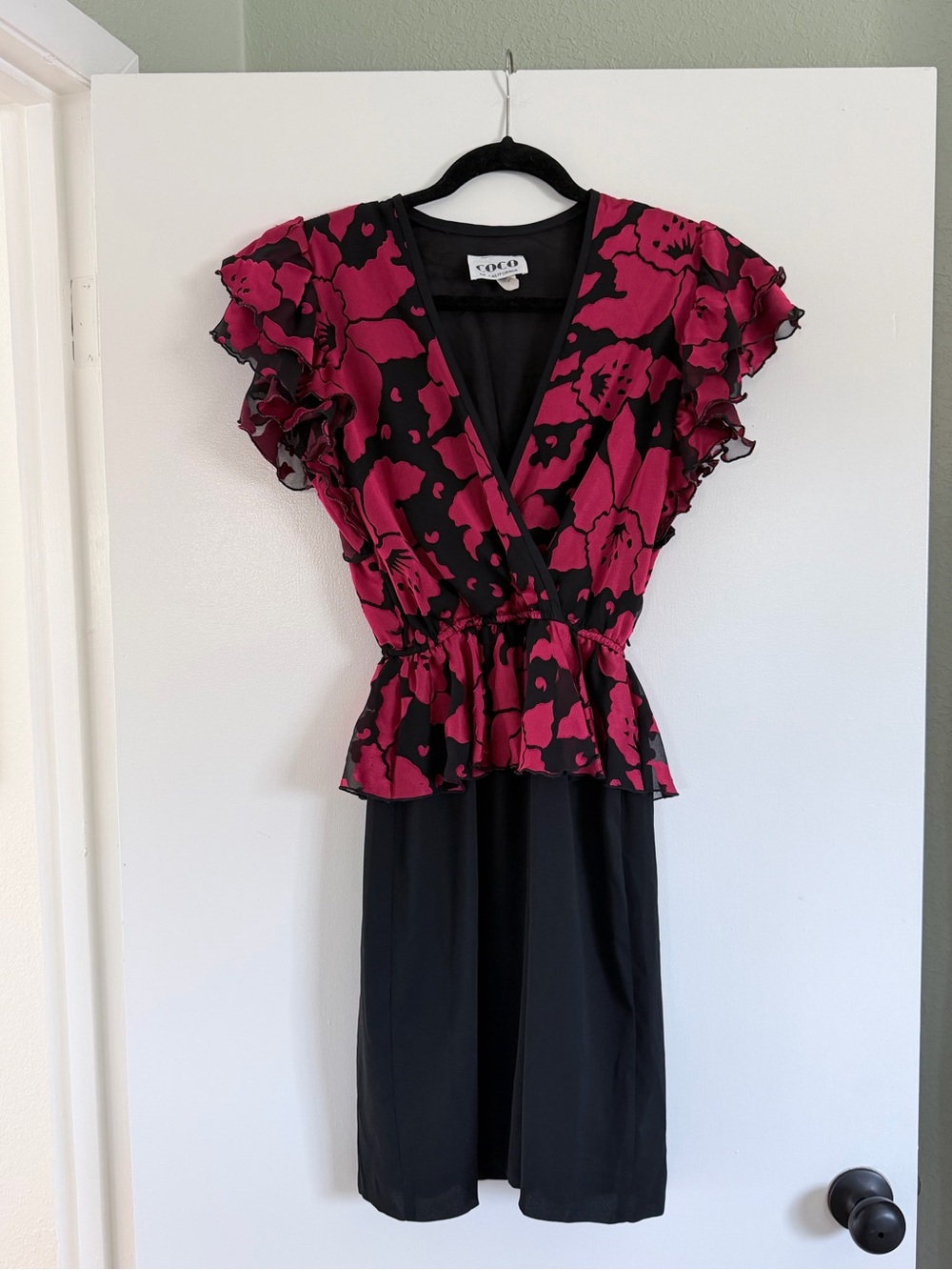 Vintage 80s Coco of California Magenta Poppy Print Peplum Dress Ruffle Sleeves 6